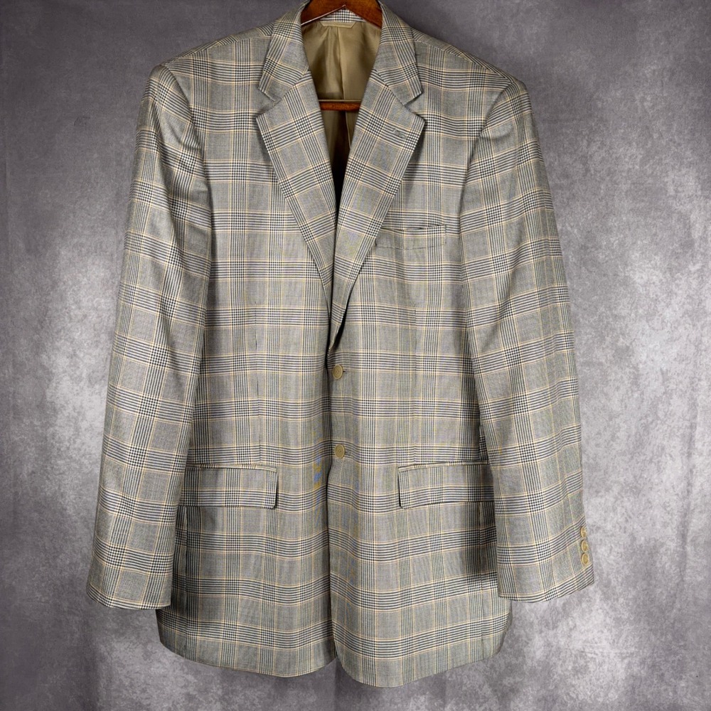 Glen‎ Plaid Blazer 44L Gold Check Windowpane Bernhard Altmann Silk Wool Tan